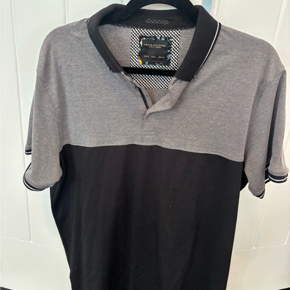 Denim & Flower Black and Gray Men's Polo Shirt Size Large